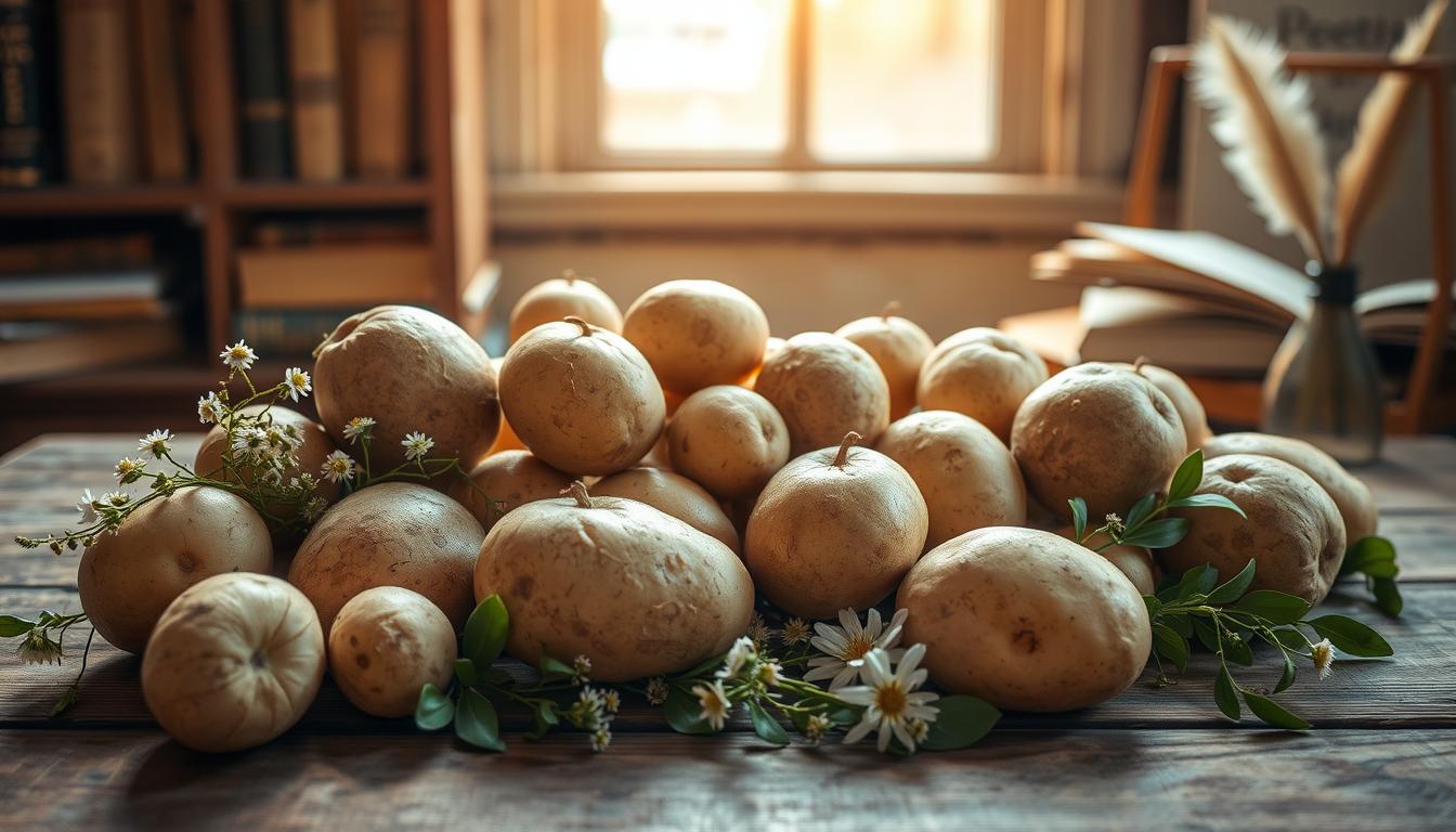 Kartoffeln mit Blumen auf einem Holztisch vor einem Bücherregal – inspiriert von Gedichte Kartoffel.