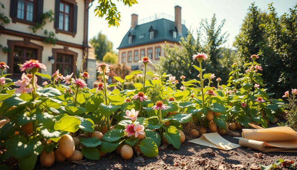 Kartoffelpflanzen mit Blüten im Garten eines Hauses – eine Szene inspiriert von Gedichte Kartoffel.