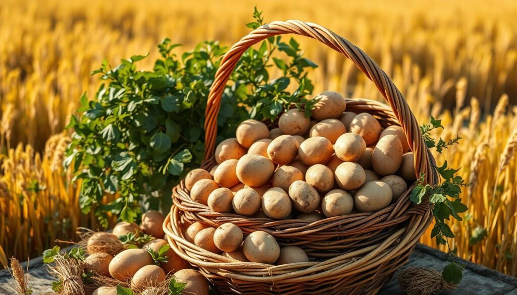 Korb mit frischen Kartoffeln auf einem Feld – inspiriert von Gedichte Kartoffel. EBenso sind dies Frühkartoffeln.