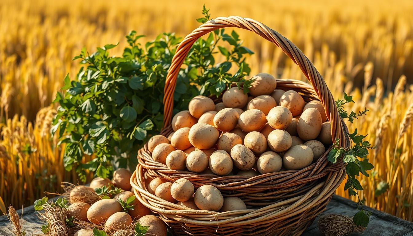 Korb mit frischen Kartoffeln auf einem Feld – inspiriert von Gedichte Kartoffel.