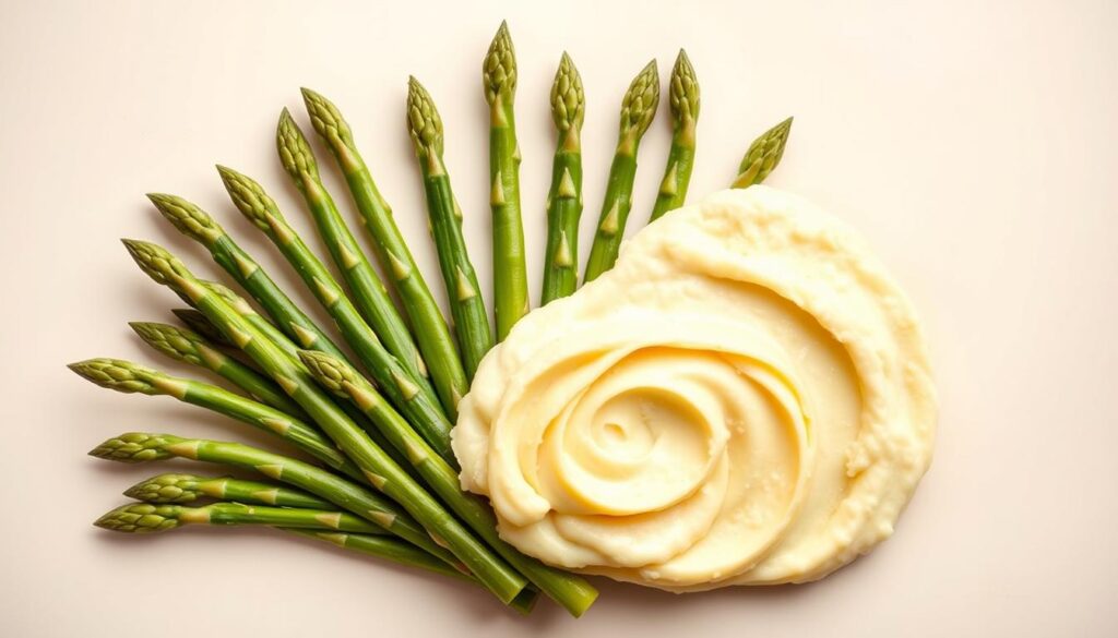 Anrichten von Spargel und Kartoffelpüree