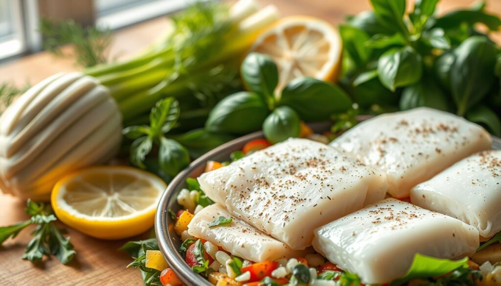Frische Zutaten für Fischfilet auf Fenchelgemüse