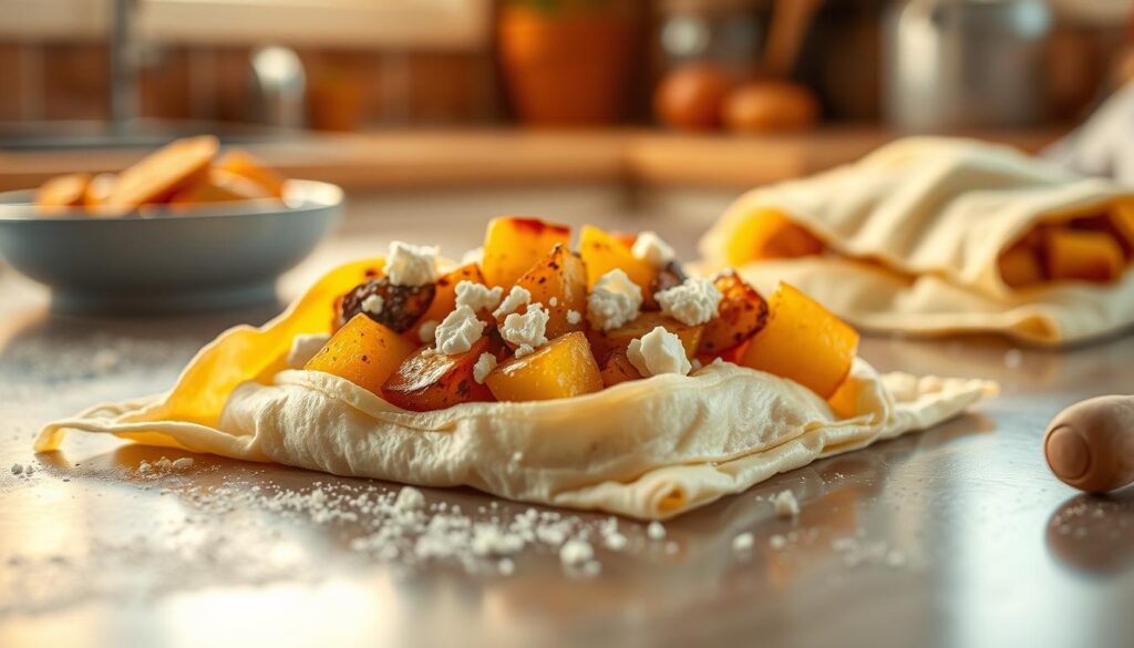 Genussvolle Zubereitung von Blätterteig Kartoffeln Feta