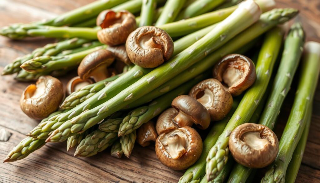 Grüner Spargel und braune Champignons