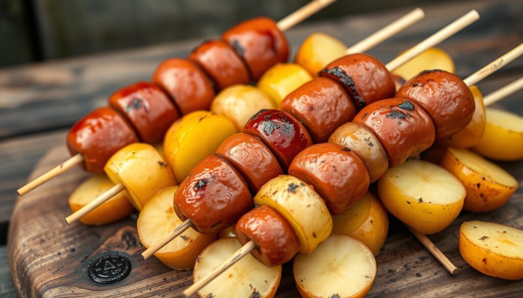 Kartoffelscheiben und Wurst am Spieß
