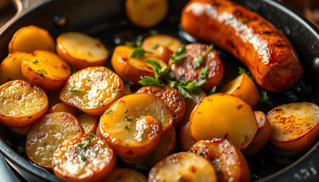 Marinierte Kartoffelscheiben und Wurst