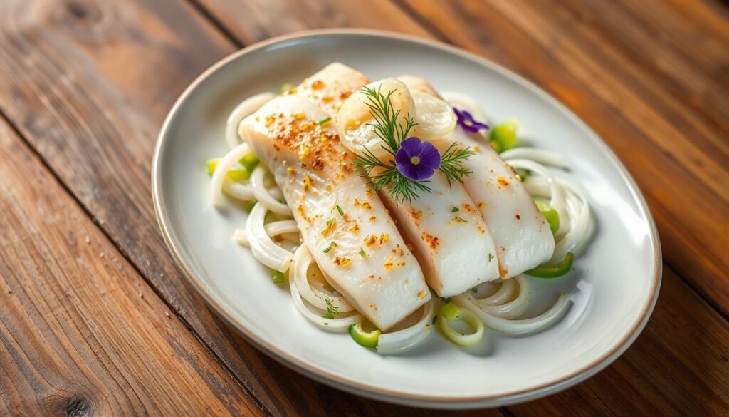 Serviervorschläge für Fischfilet auf Fenchelgemüse