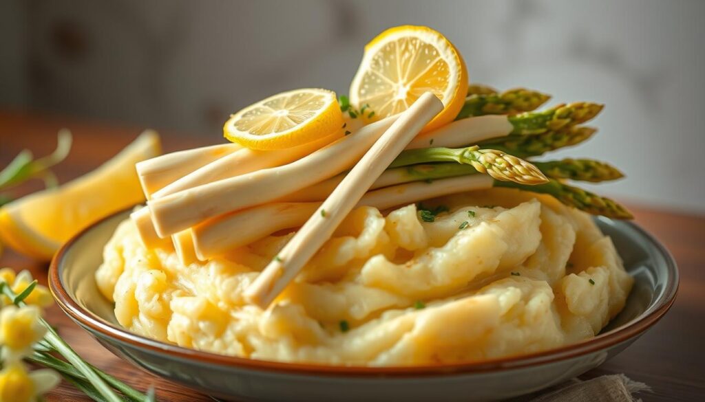 Spargel und Kartoffelbrei im Frühling