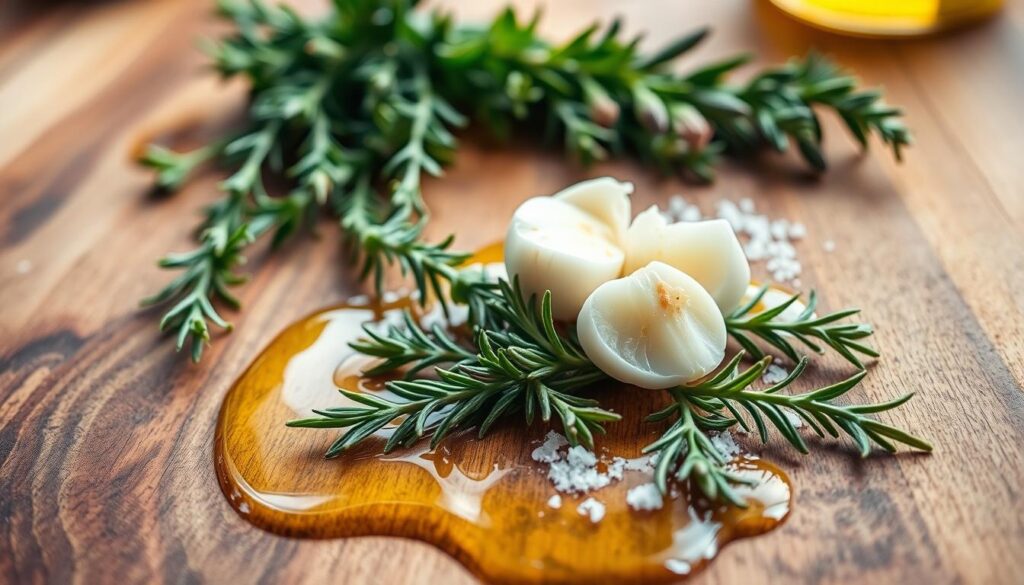 Würzen mit Olivenöl und Kräutern