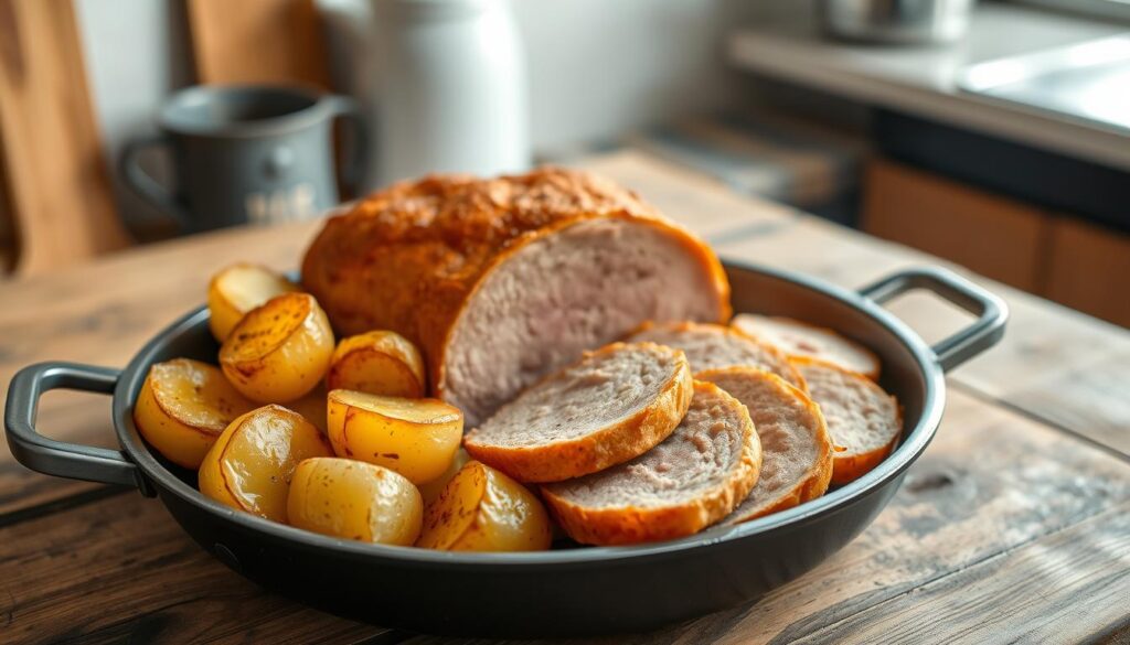 Zubereitung der Kartoffel Leberkäse Pfanne