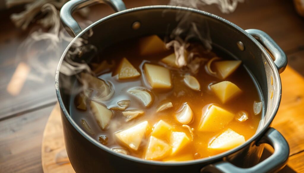 Zubereitung der Kartoffelschalen Suppe