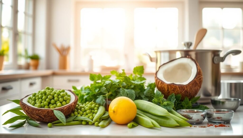 Zutaten für Erbsen-Kokos-Suppe
