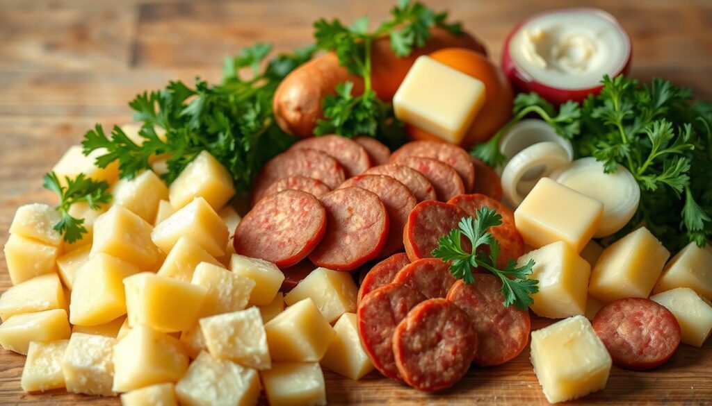 Zutaten für Kartoffel Leberkäse Pfanne