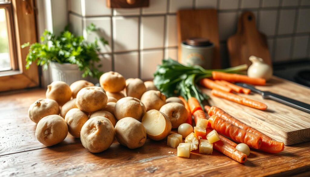 Zutaten für Kartoffelschalen Suppe