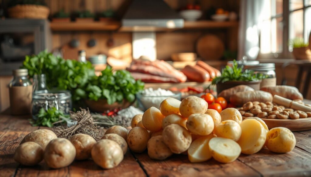 Zutaten für Ofenkartoffeln und Fleisch