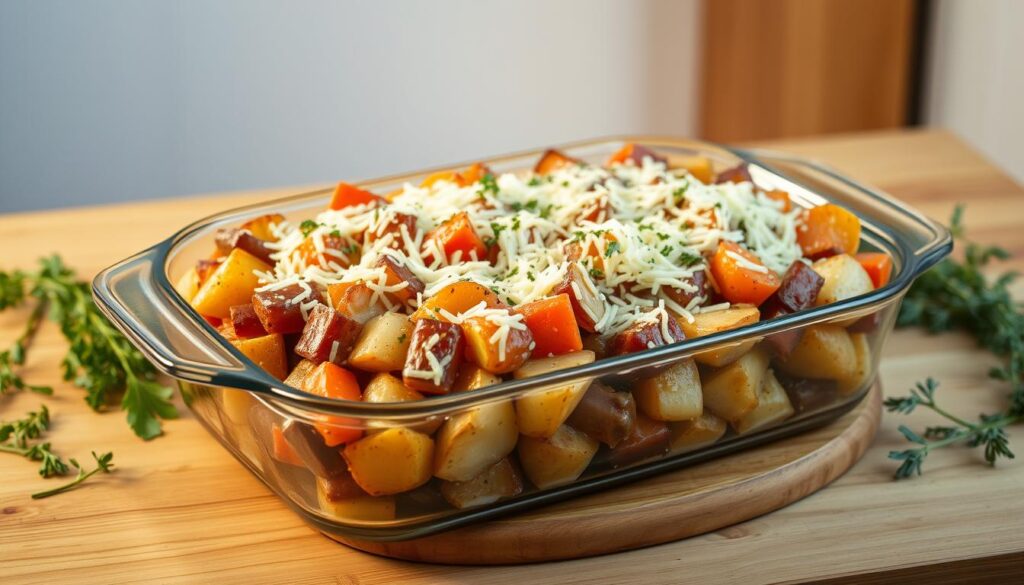 kartoffel gemüse-auflauf mit käse überbacken
