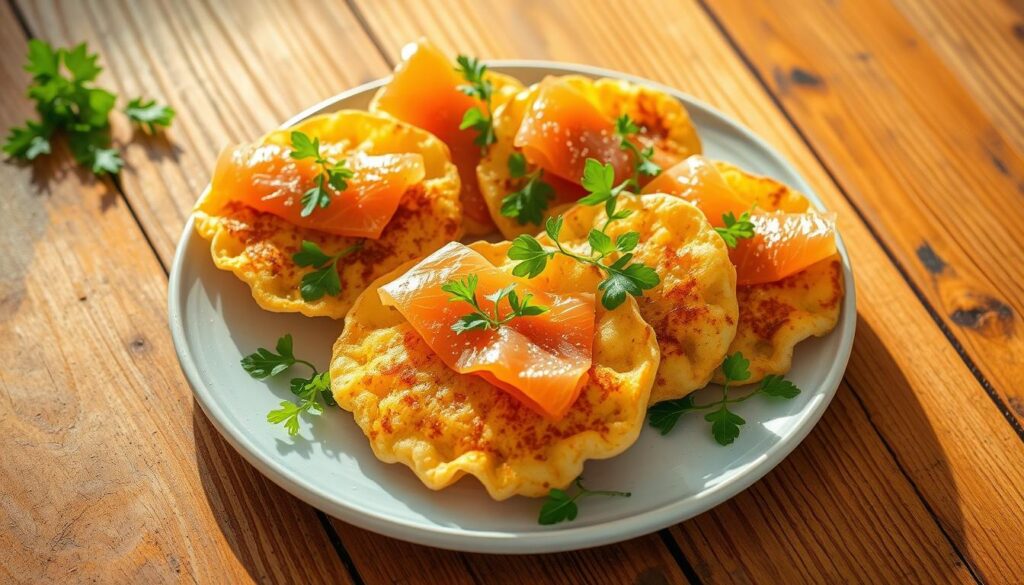kartoffelpuffer mit lachs und rucola