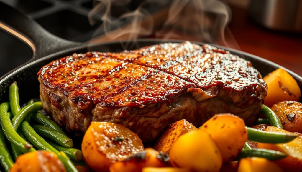 steak mit kartoffeln und bohnen