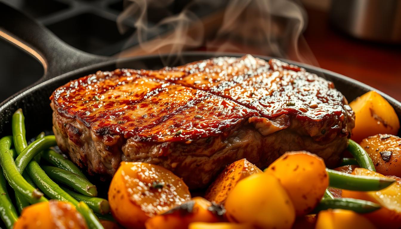 steak mit kartoffeln und bohnen